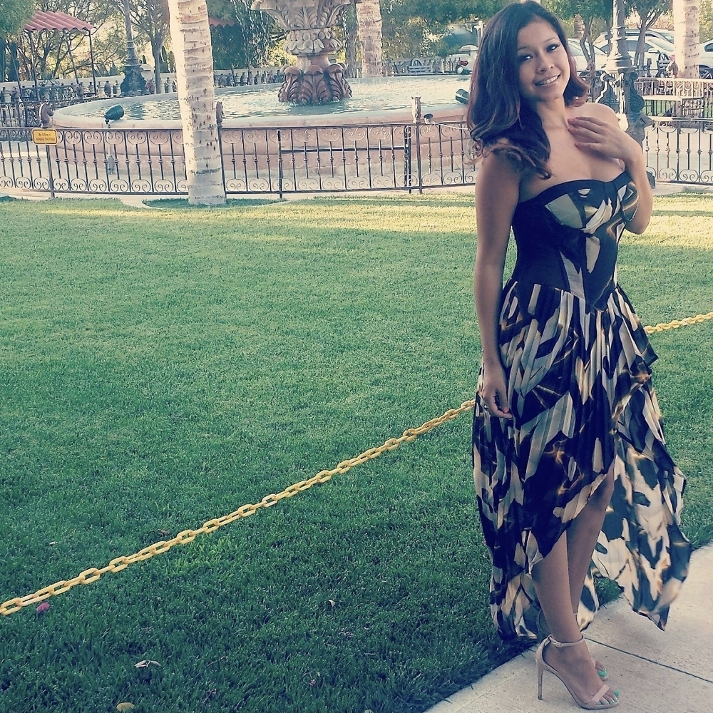 Bebe Black and White Asymmetrical Strapless Sundress